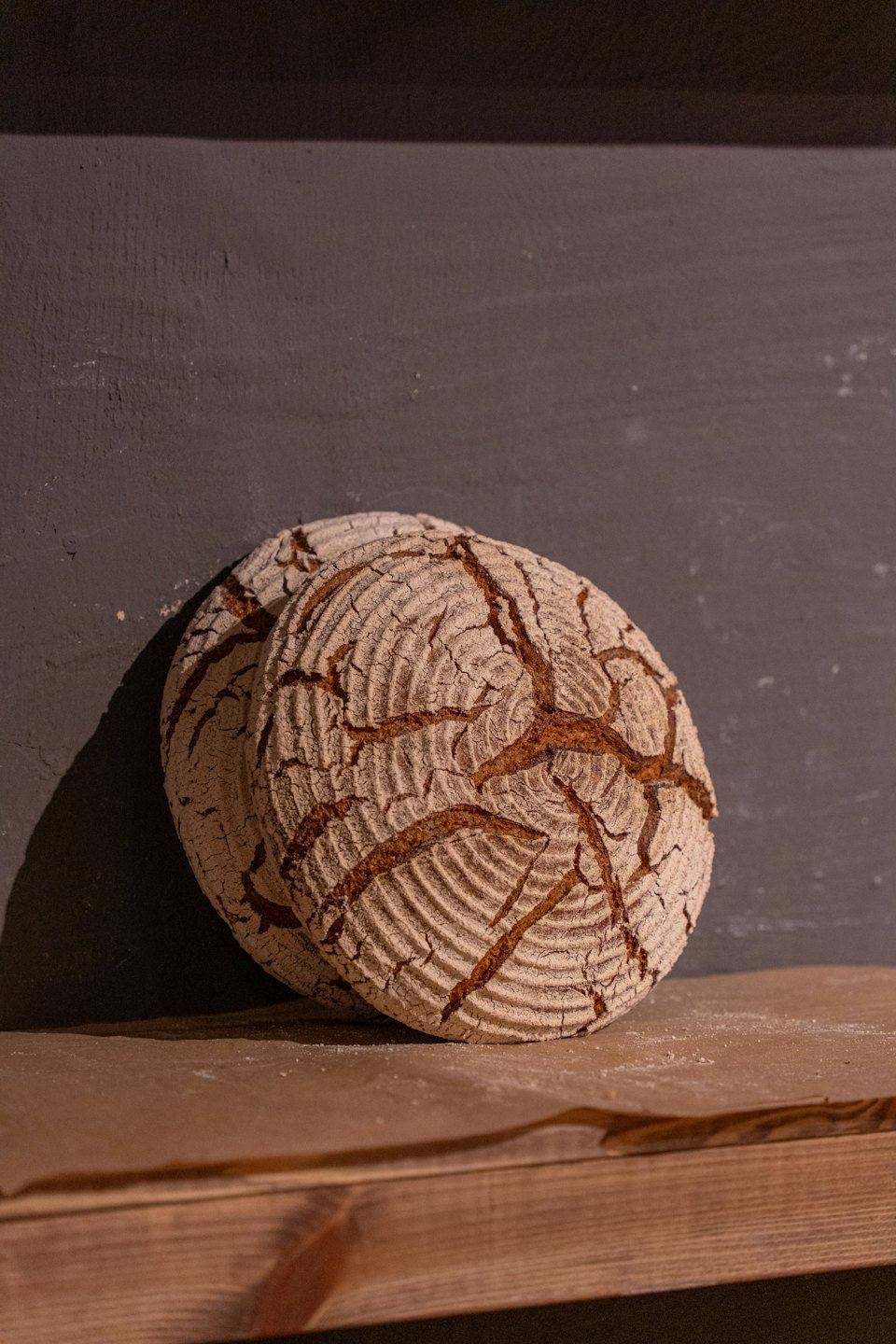 Two rustic loaves of sourdough bread rest on a floured shelf.